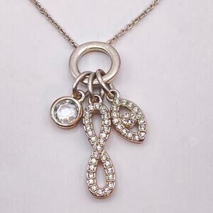 Signed NADRI Pendant CZ 3 Charms Necklace Evil Eye Infinity Symbol Rhodium Plate